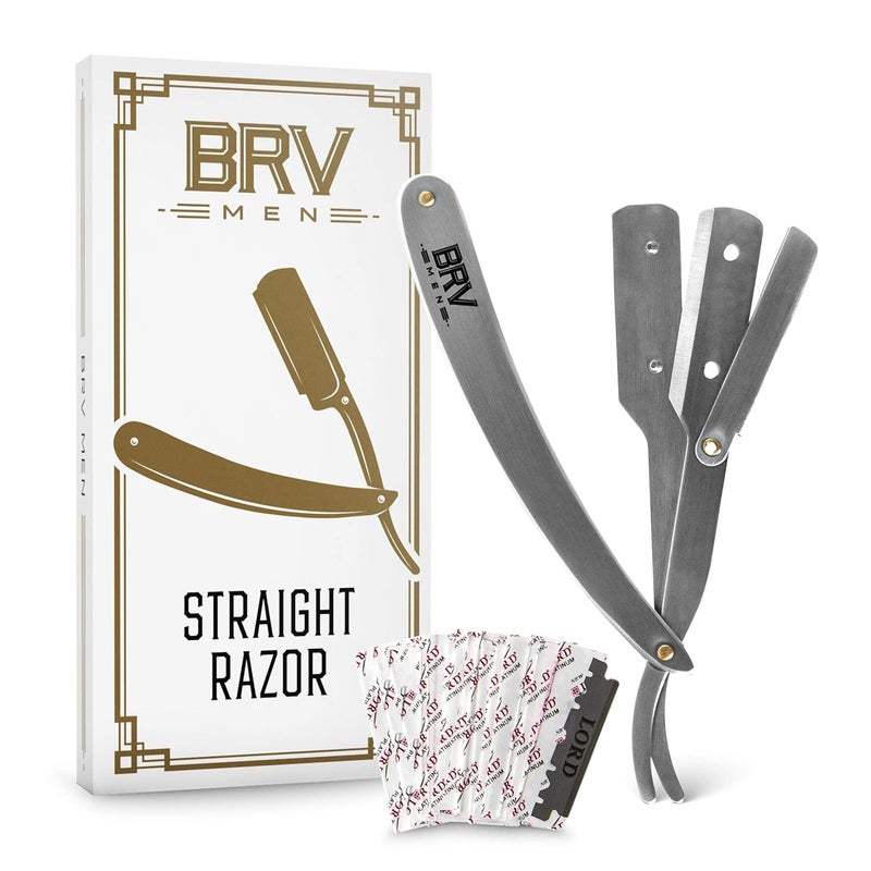 BRV MEN Professional Straight Edge Barber Razor w/ 100 Single Edge Razor Blades | Straight Razors for Men | Barbershop Accessories | Mens Shaving Knife & Shavette - Silver - Image 1